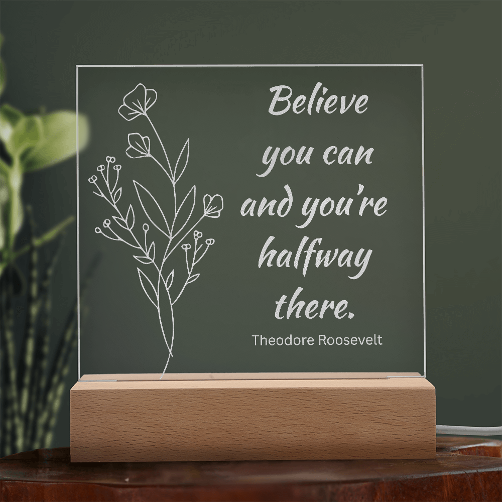 Engraved Acrylic Plaque or Nightlight: Believe you can and you're halfway there.