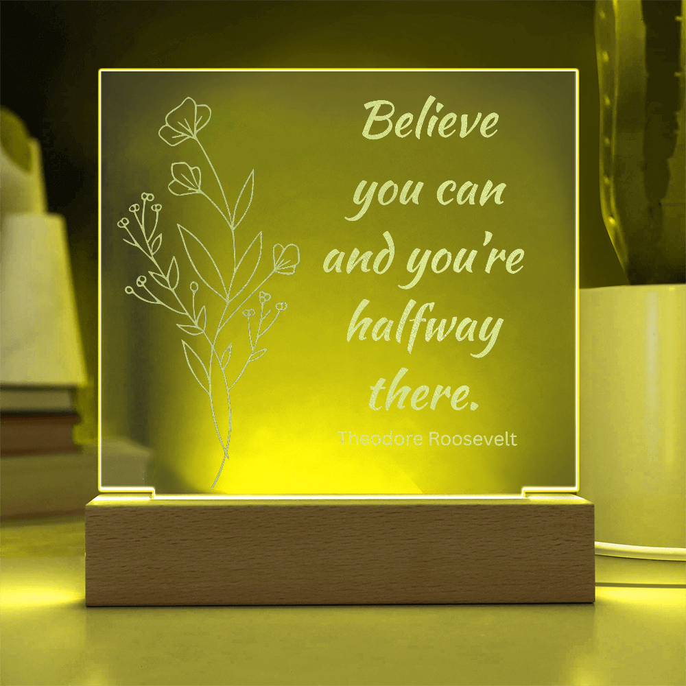 Engraved Acrylic Plaque or Nightlight: Believe you can and you're halfway there.