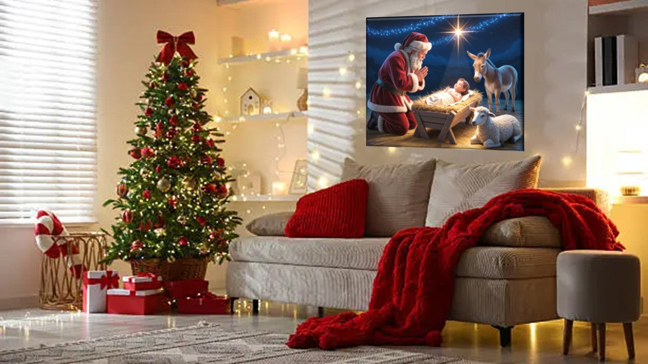 Deluxe Santa Worships Jesus Landscape Canvas 1.5in Frame